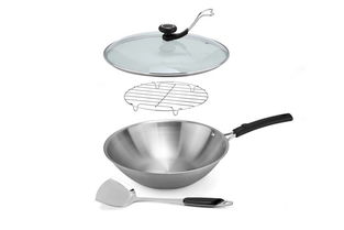 興財(cái)無涂層32cm三層鋼炒鍋4件裝 現(xiàn)代廚房的得力助手